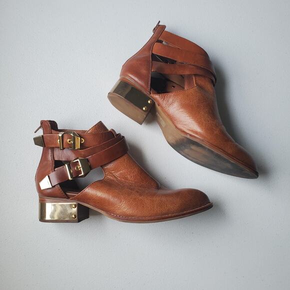 Jeffrey Campbell Shoes - Jeffrey Campbell Boots Womens Size 8.5 Brown Strappy Gold Heel Booties Boho